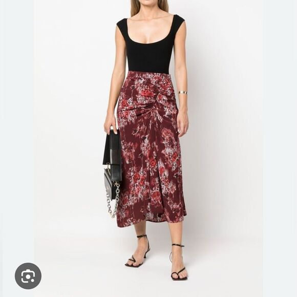 NWT 440.00 I R O Alise ruched printed crepe de chine midi skirt Size 38 Fits /6 - Picture 3 of 7